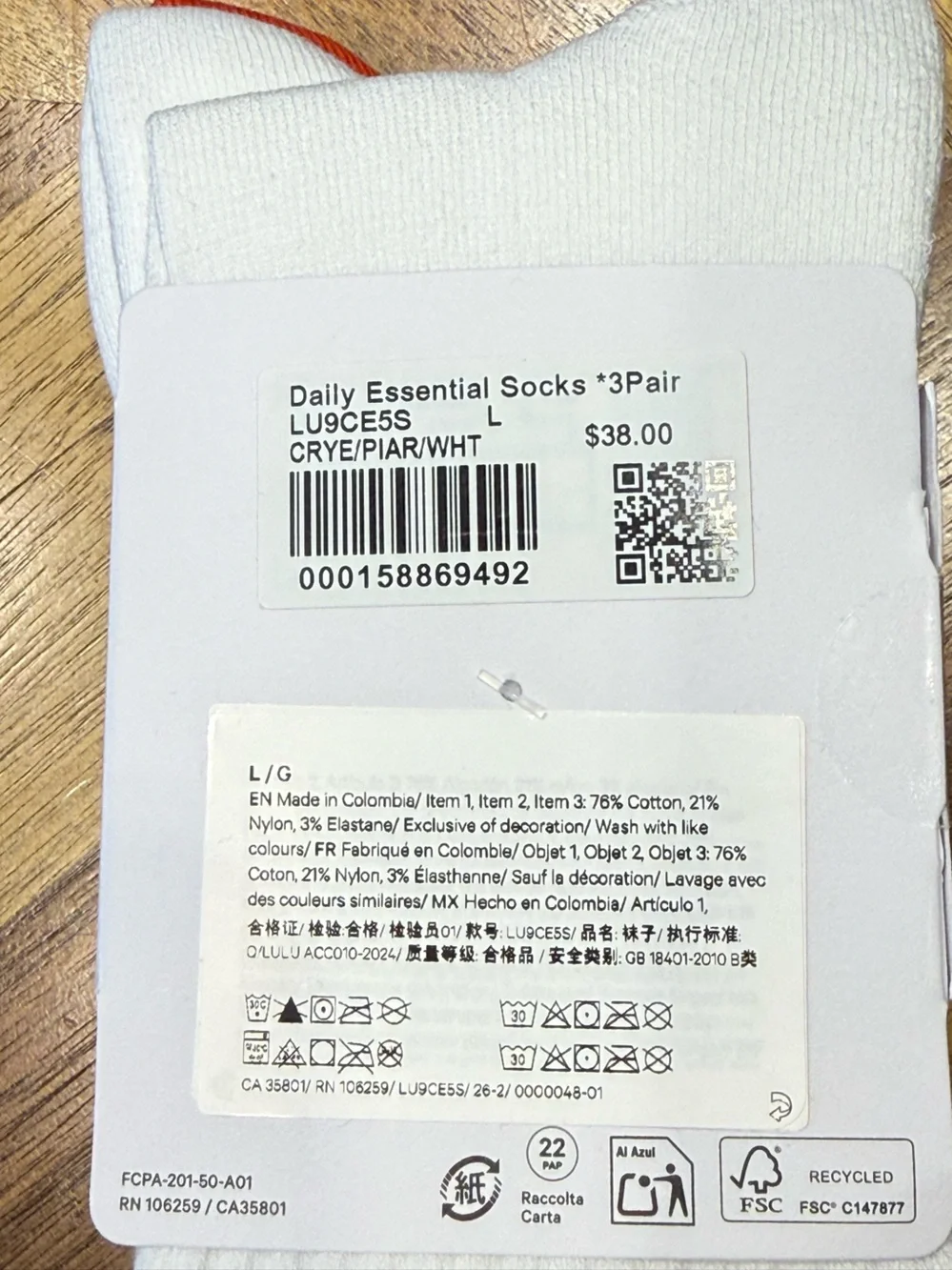Lululemon Daily Essential  Quarter-Length Socks 3-Pack unisex Large new